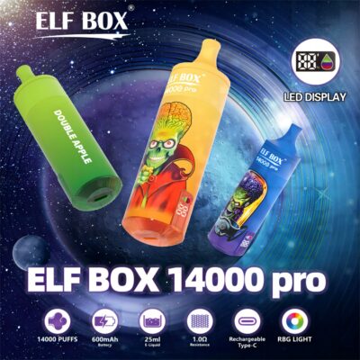 ELF BOX 14000 Pro Puffs Disposable E Cigarettes Vapers Puff 14k 0% 2% 3% 5% LED Display 1.0ohm Mesh Coil 25ml Prefilled Pod 600mah Rechargeable RGB Light Lanyard Pen