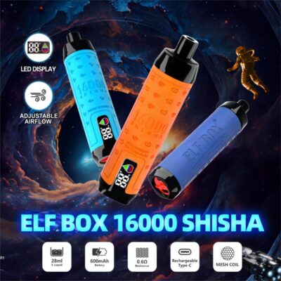 ELF BOX Shisha 16000 Puffs Disposable E Cigarettes LED Display 0% 2% 3% 5% 28ml Prefilled Pod 600mah Rechargeable Battery Puff 16k Adjustable Airflow Pen