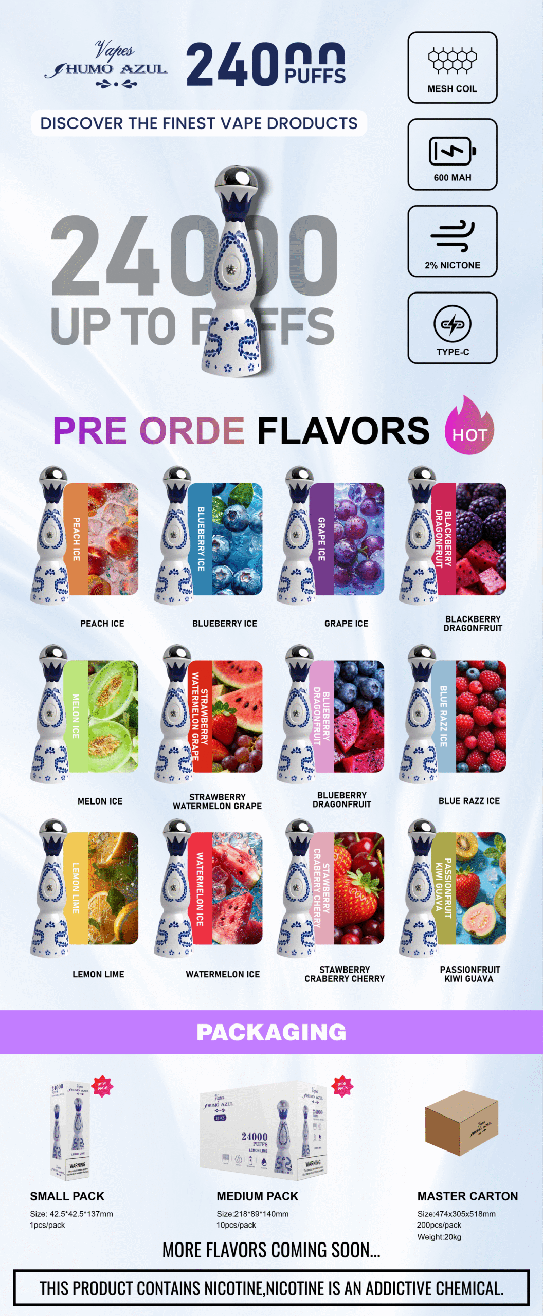 HUMO AZUL 24000 Tequila vape Tequila bottle packaging Puffs 2% 3% 5% Nicotine Rechargeable Disposable vapes Pod agave Puff 24k Tequila puff - Image 3